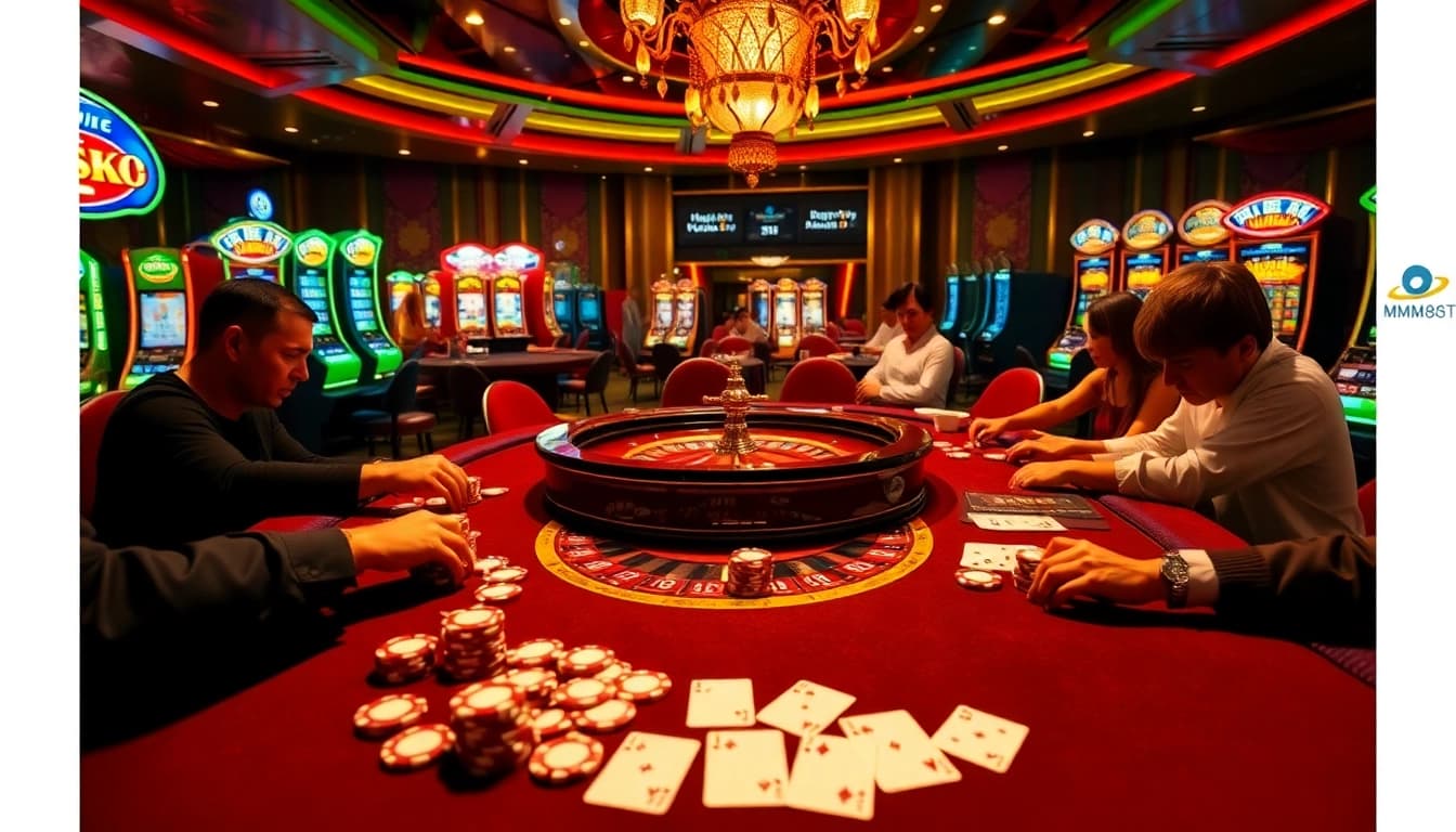 mm88 casino table with poker chips and cards creating an exciting gambling atmosphere