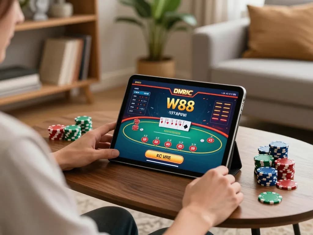 Engaged player using W88 casino app for strategic online gaming in a cozy home setup.
