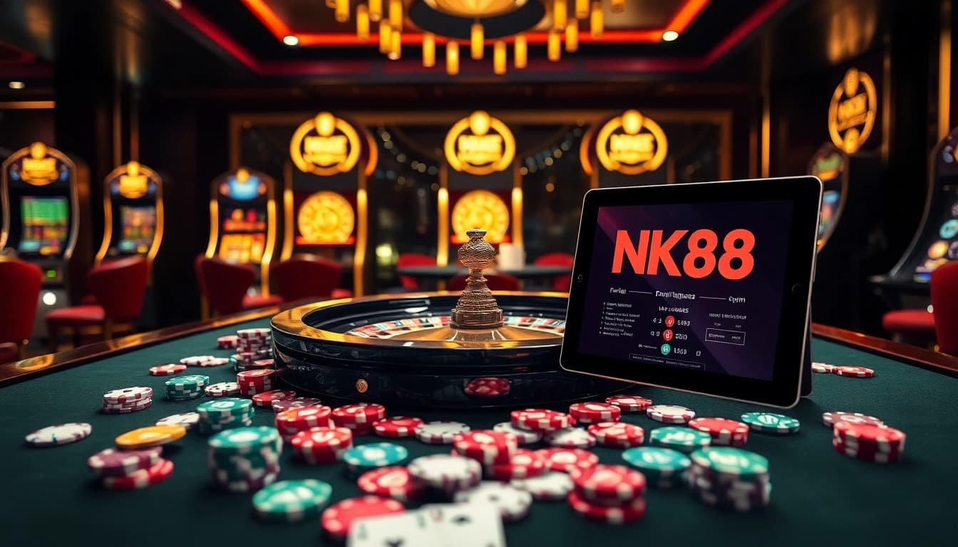 Gambling at the lively NK88 casino with roulette and poker elements in an elegant setting