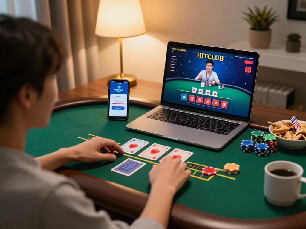 Engaging in strategic gameplay on HITCLUB through a laptop in a cozy home setting.