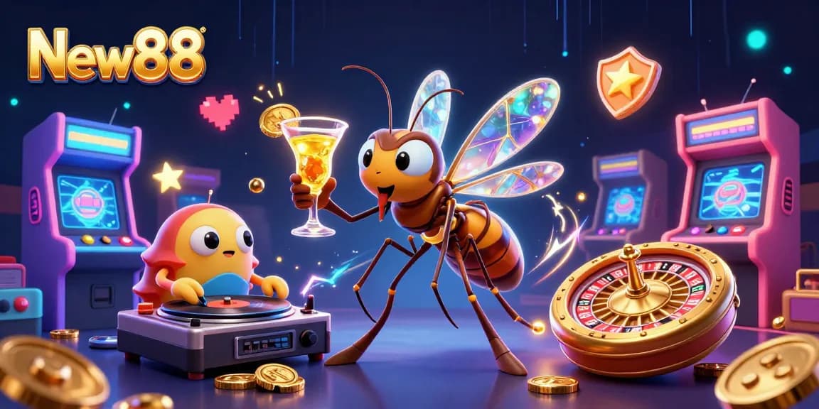 Engage in thrilling gaming at New88 with an exciting 3D illustration showcasing a casino ambiance.