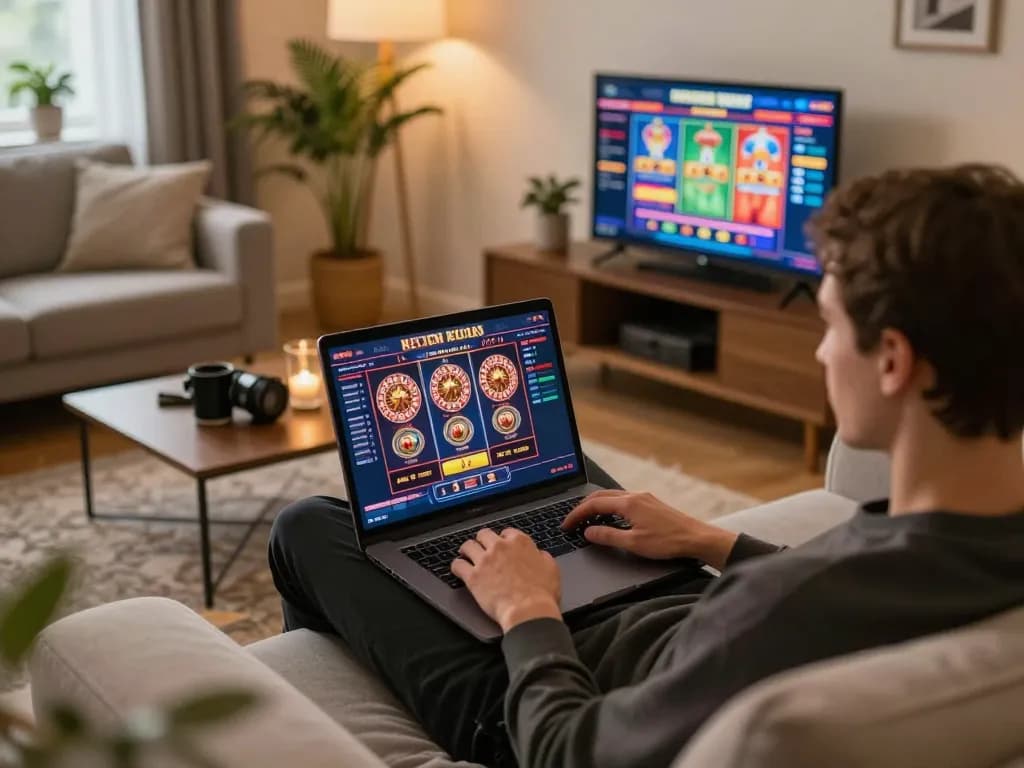 Player engaged in online gambling with cm88seo on their laptop in cozy home surroundings