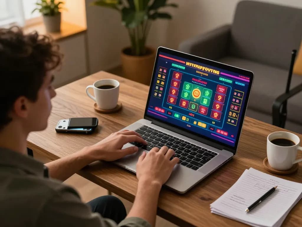 Engaged player using laptop for online TT88 casino gameplay, surrounded by strategy notes and coffee.