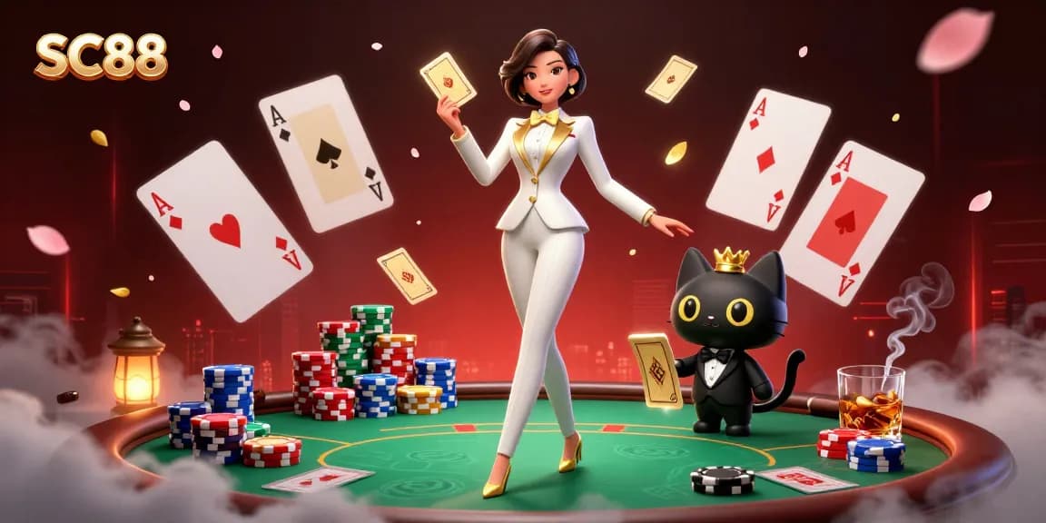 Experience SC88 poker extravaganza with a glamorous dealer and playful cat at the table.