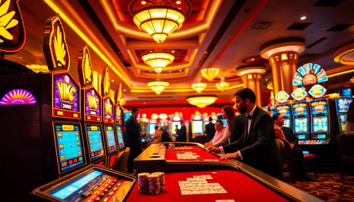 Experience the thrill of 18vip娱乐 in a lively casino atmosphere filled with vibrant colors and exciting games.