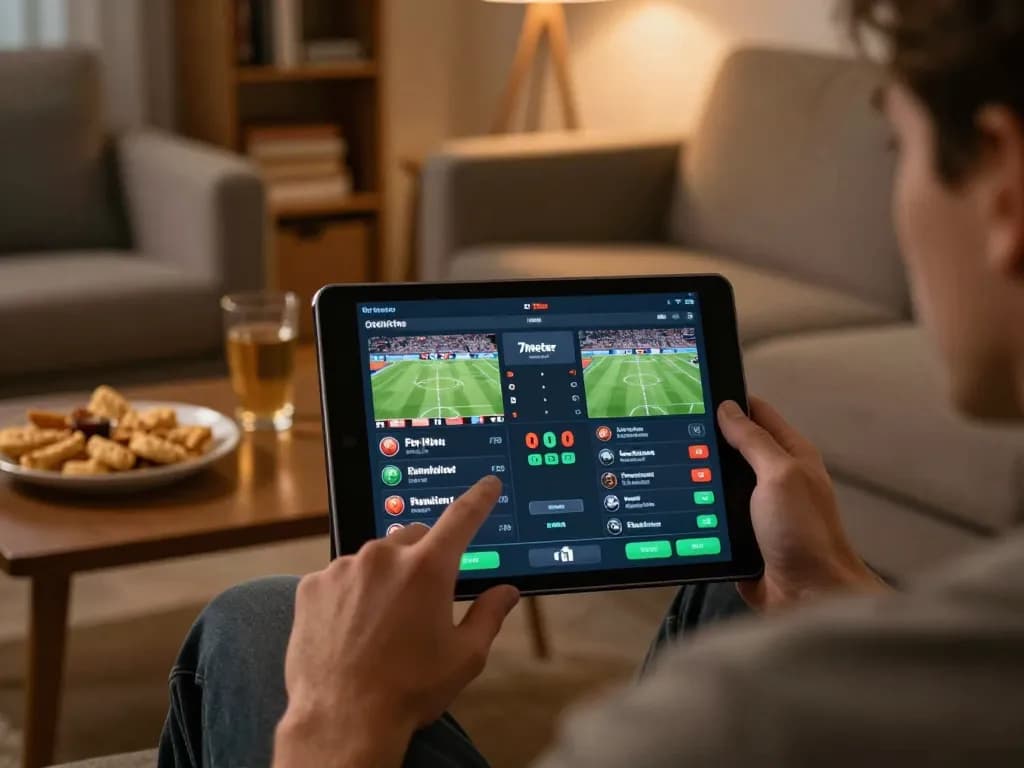 Engaging in Livechat 7meter while placing bets on the tablet in a cozy home setting.