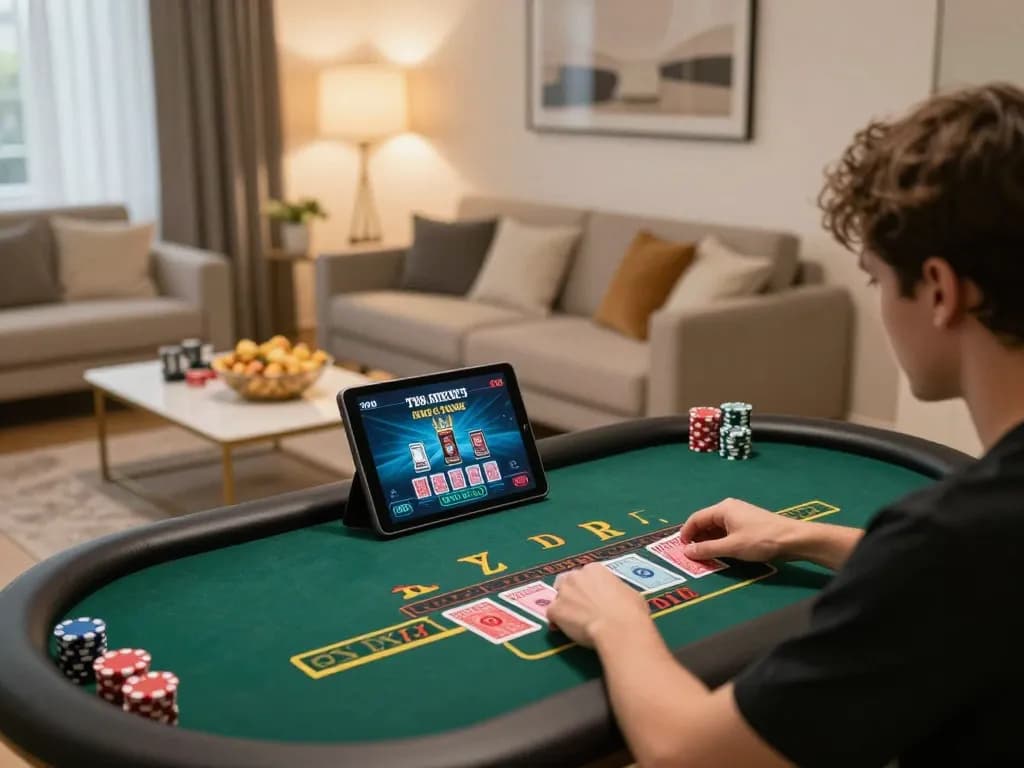 Player enjoying live casino action on TG88 app, with focused strategy and cozy atmosphere