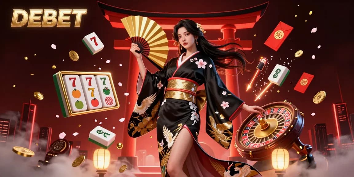 Experience thrilling gameplay at DEBET, showcasing vibrant slot reels, elegant Asian characters, and festive decorations.