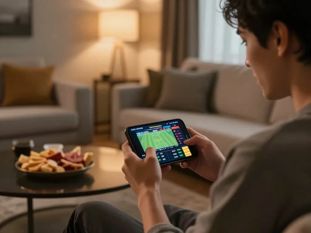 Engaging in online betting with FIVE88 using smartphone in a cozy living room.