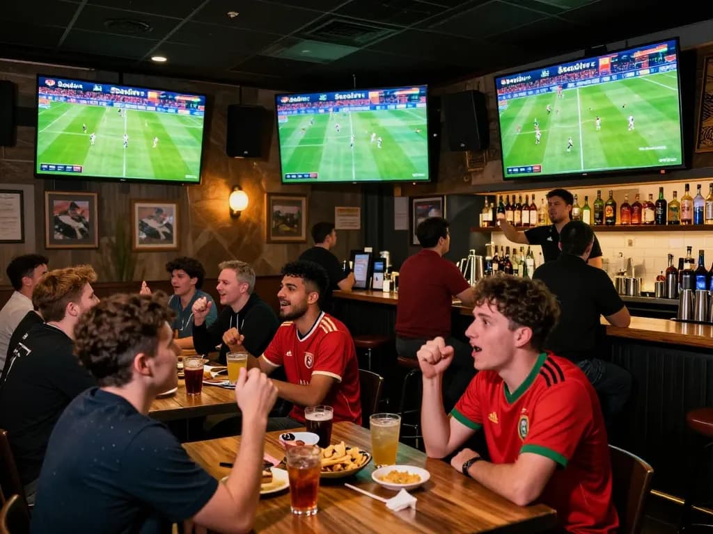 Socolive fans enjoying live soccer streaming in a lively sports bar atmosphere.