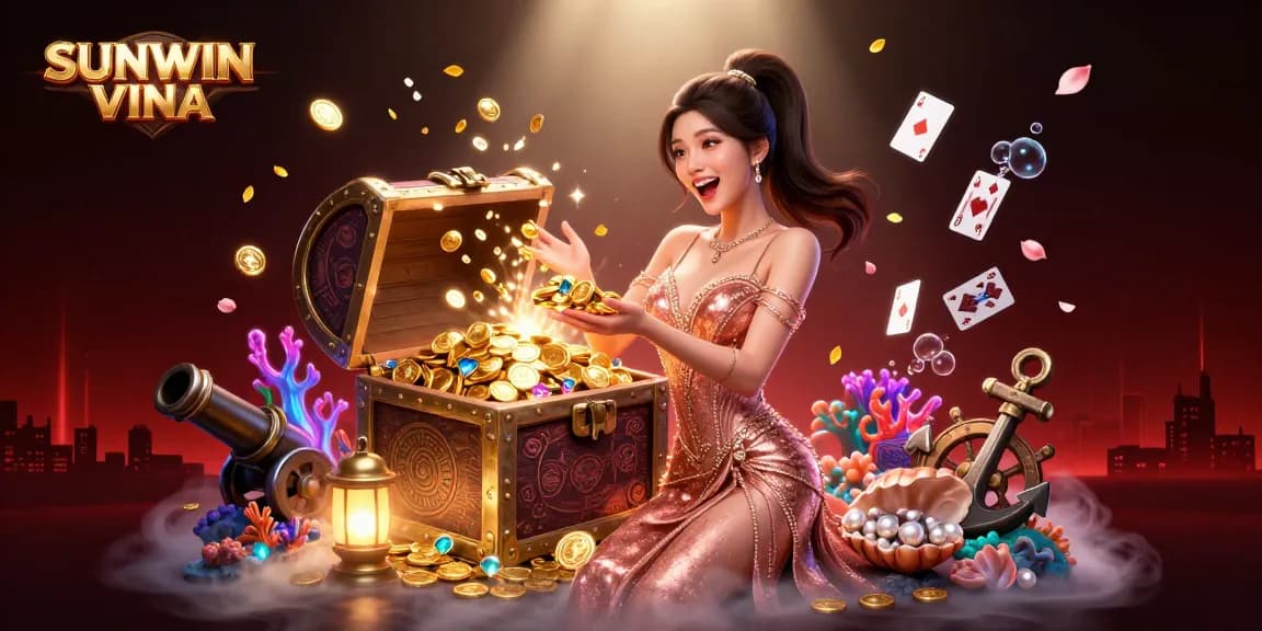 Experience SUNWIN VINA's thrilling gaming world with this vibrant treasure chest illustration.