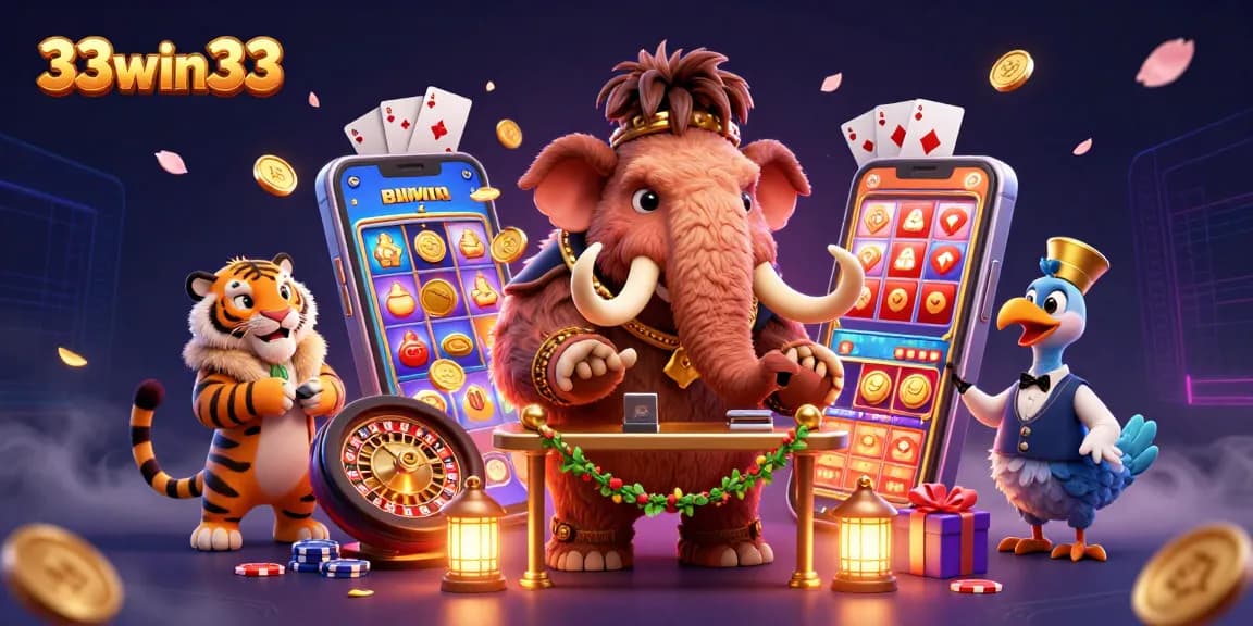 Experience thrilling gaming action with 33win33 at this vibrant, cartoon-style casino scene.