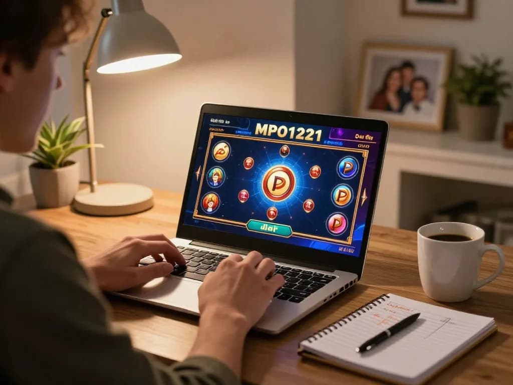 Pemain MPO1221 mengalami permainan slot online yang mendebarkan di rumah dengan laptop dan catatan taruhan.