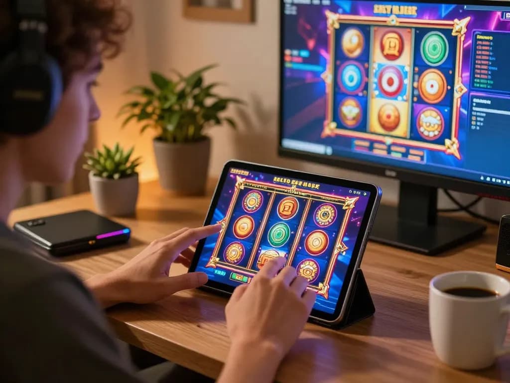 Engaging online slot gaming scene at https://f1686s.com/ showcasing an individual playing on a tablet in a cozy home setup