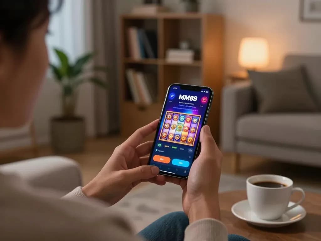 Engaging with the MM88 mobile app in a cozy home setting, enjoying responsible online gambling.