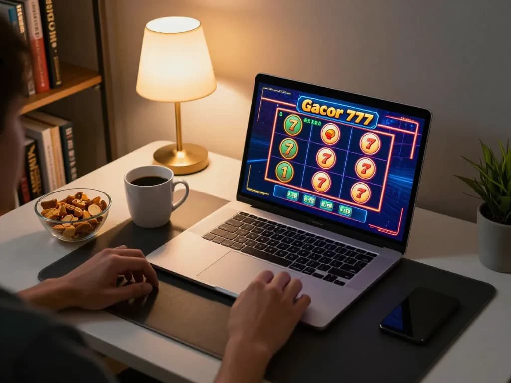 Player placing bets on slot gacor 777 in a cozy online gaming setup with vibrant graphics.