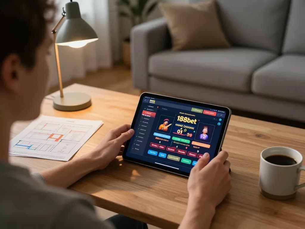 Engaging experience at 188bet online casino with a player on a tablet in a cozy setting