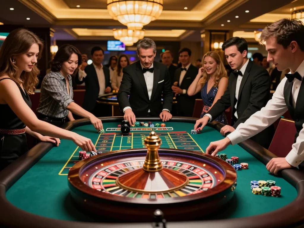 Watch players engage in high-stakes betting at Tempo123 roulette table in a vibrant casino atmosphere.
