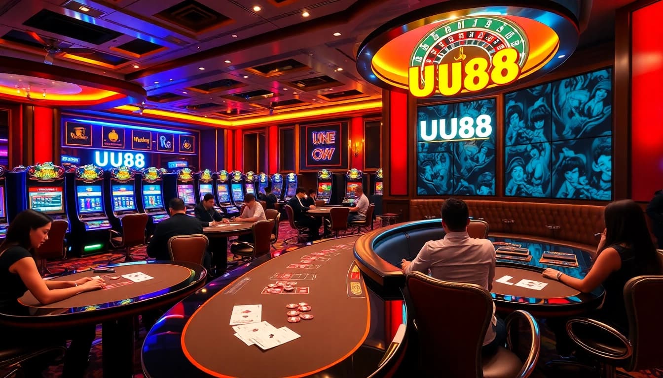 Exciting gaming action at UU88 casino with poker tables and vibrant slot machines.