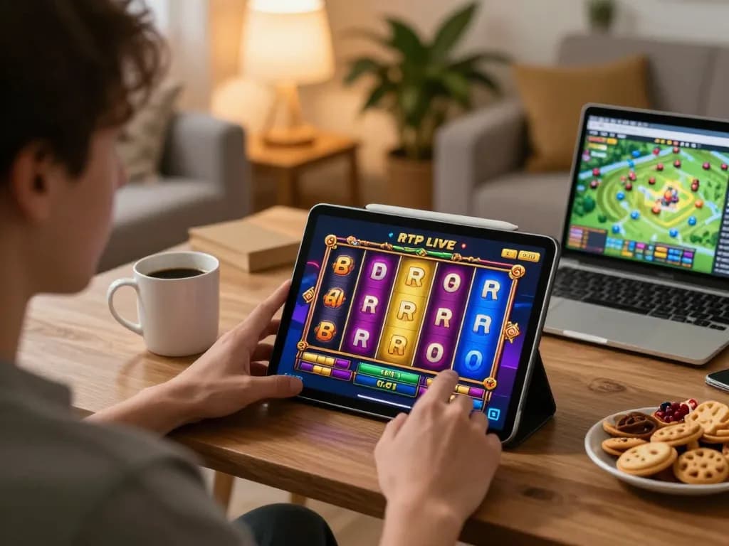 Player enjoying RTP Live slot game on a tablet in a cozy home environment with snacks and strategy notes.