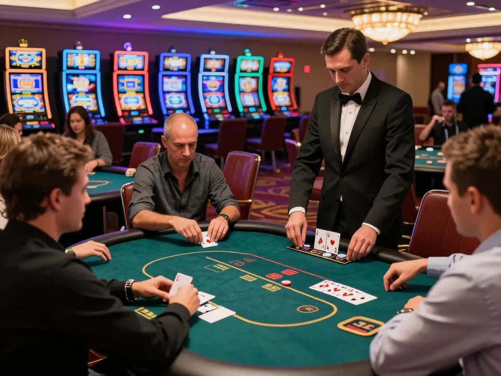 KJC players celebrating a winning hand at a luxurious poker table in a vibrant casino atmosphere.