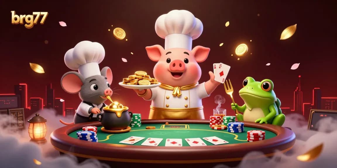 Experience thrilling casino excitement with brg77's lively gambling scene featuring vibrant characters and poker elements.