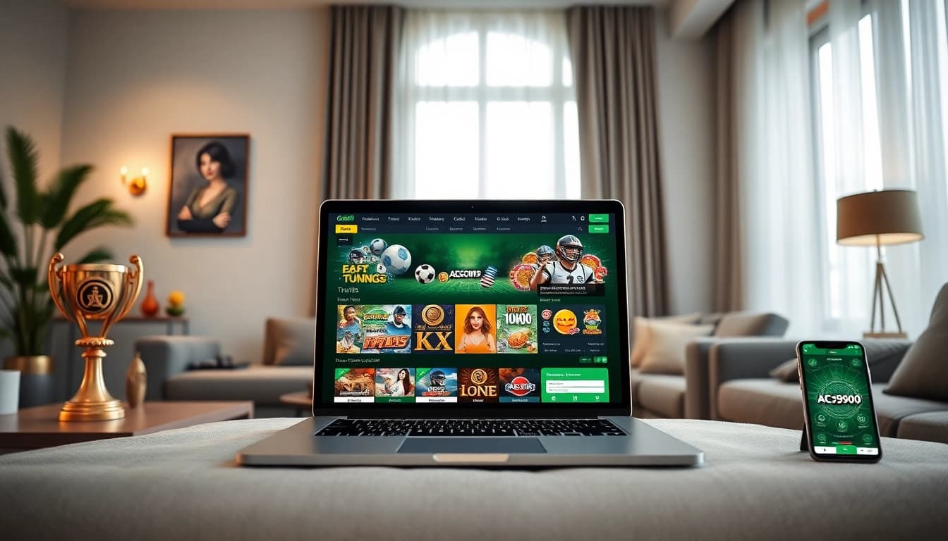 ABC999 online betting platform interface in a sleek living room, showcasing gaming excitement and trust.