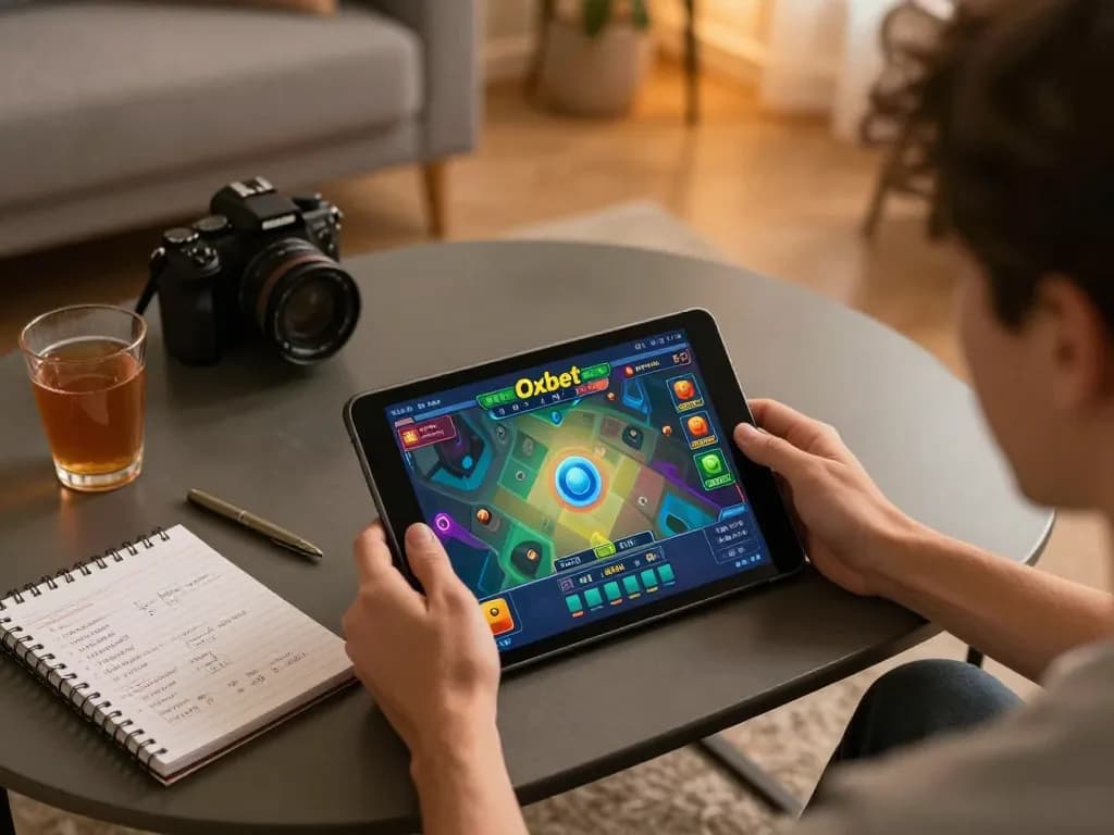 Player enjoying the Oxbet casino app on a tablet in a cozy home setup, showcasing an engaging online gambling experience.