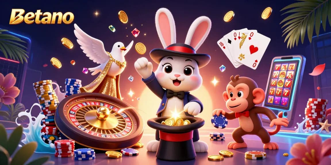Betano's energetic casino scene features a magician rabbit and a monkey amidst shimmering coins and captivating games.