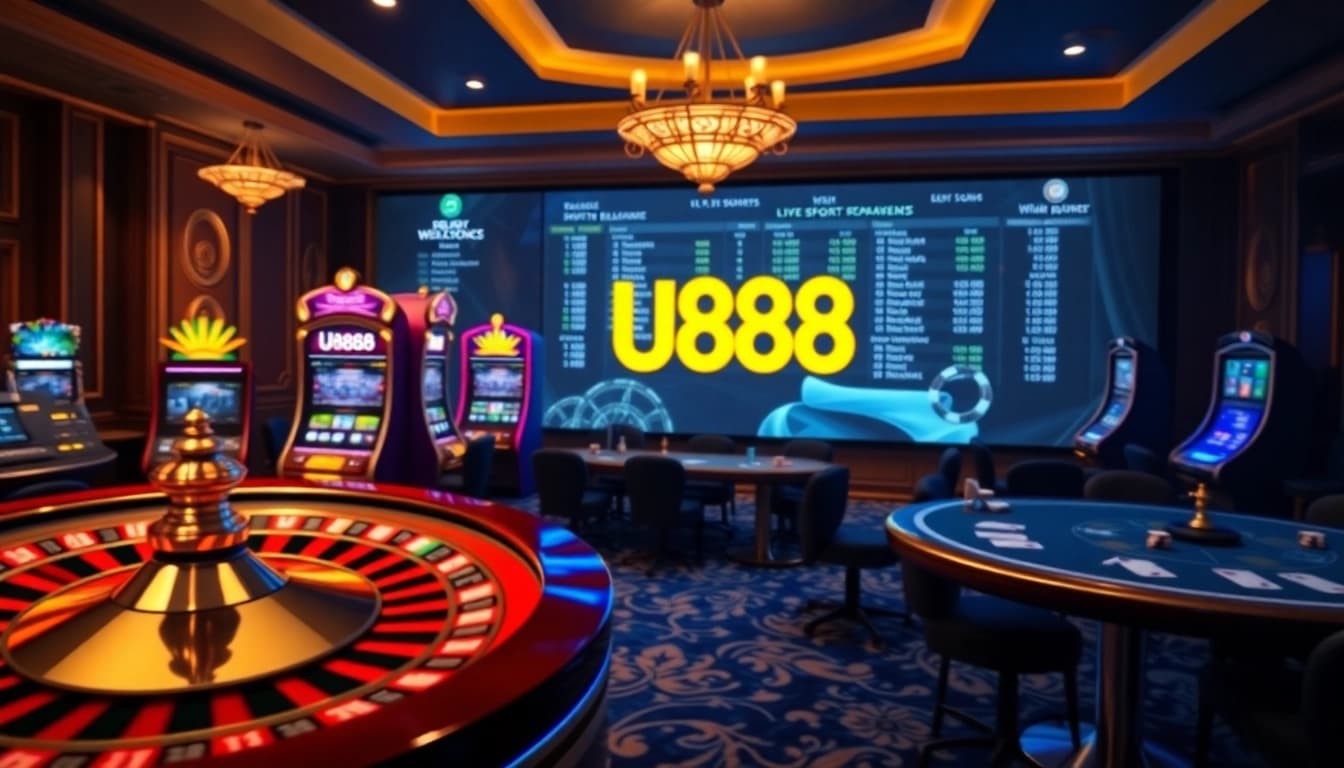 Exciting U888 online casino scene with vibrant slot machines and roulette wheel.