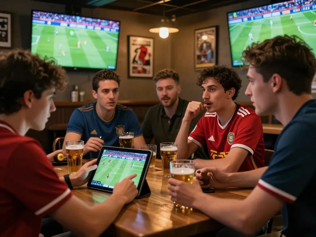 Soccer sports bettors analyzing predictions on tablet while enjoying a lively game atmosphere.