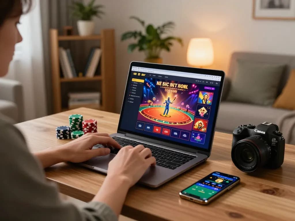 Engaging online gaming scene showcasing 45678 casino app on laptop with vibrant casino colors and poker chips.