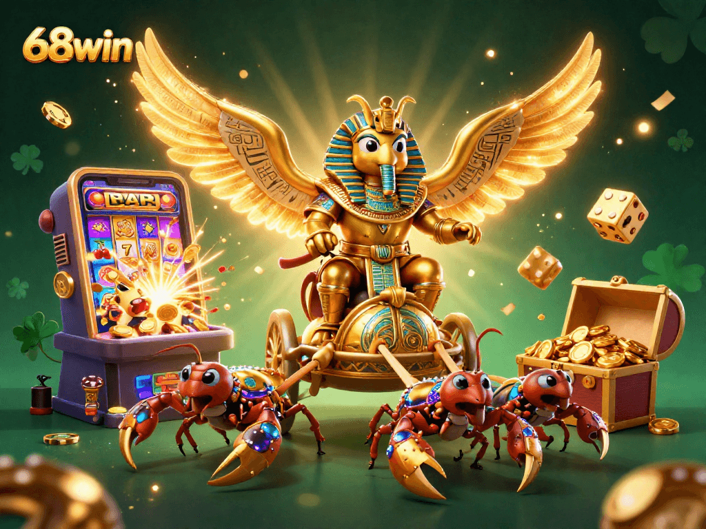 Experience exciting gameplay with 68win's golden scarab and scorpion chariot amidst jackpot excitement.