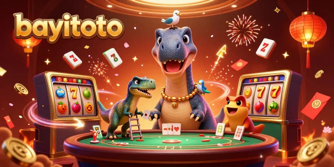 Engage with bayitoto gaming as a brontosaurus towers over a vibrant casino scene.