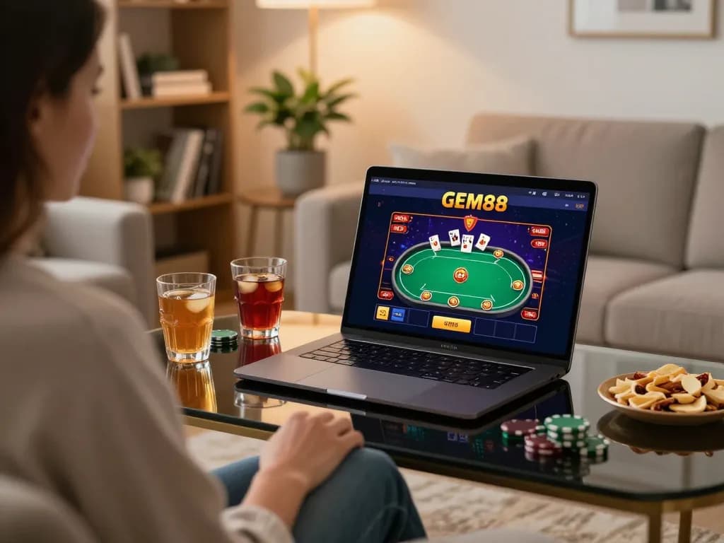 GEM88 offers an immersive online poker experience on a stylish home laptop setup