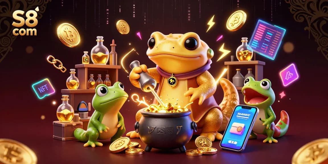 Experience thrilling gameplay at S8 com with a dynamic scene featuring an alchemist and crypto coins.