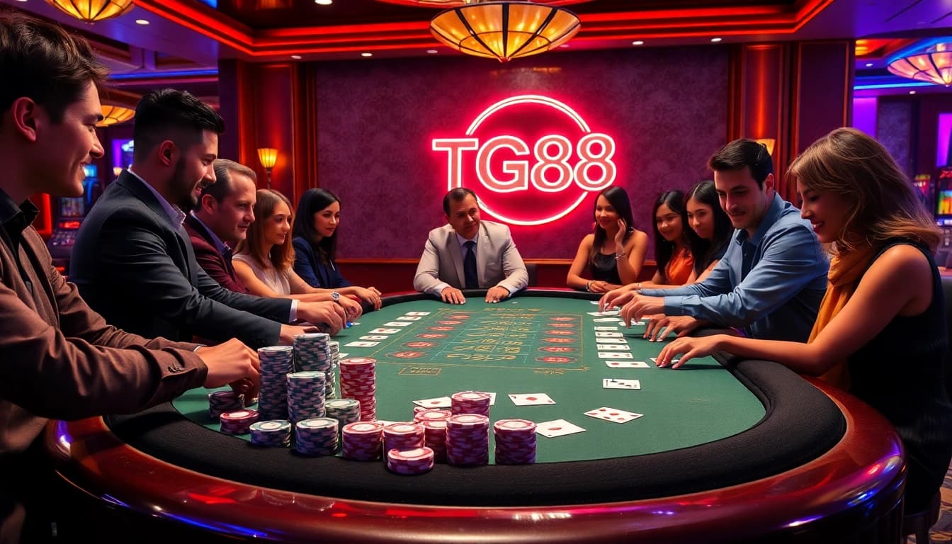 Experience the thrill of gambling at a TG88-themed poker table, complete with vibrant chips and playing cards.