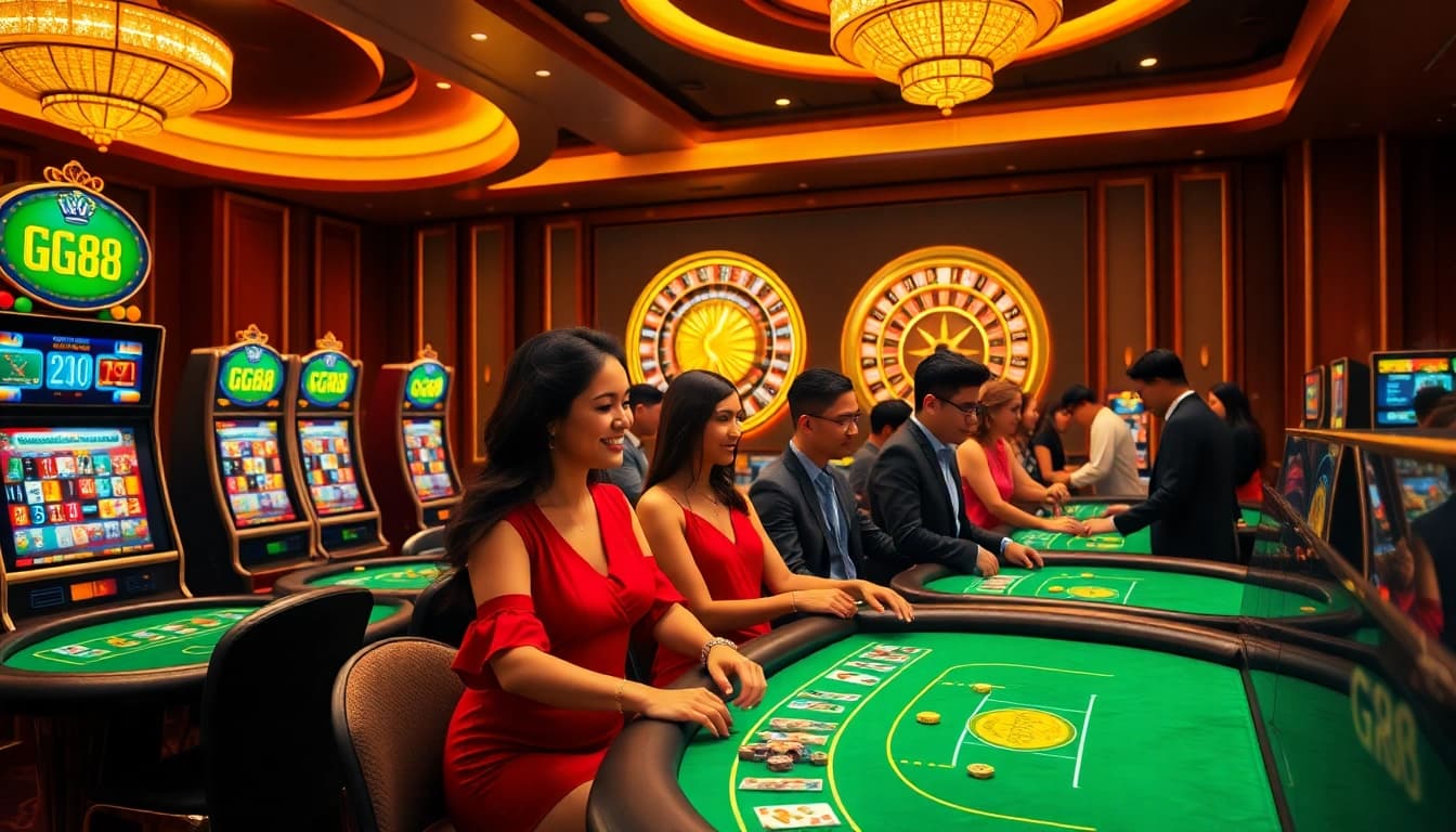 Experience luxury gambling at GG88 with poker tables, roulette wheels, and vibrant slot machines.