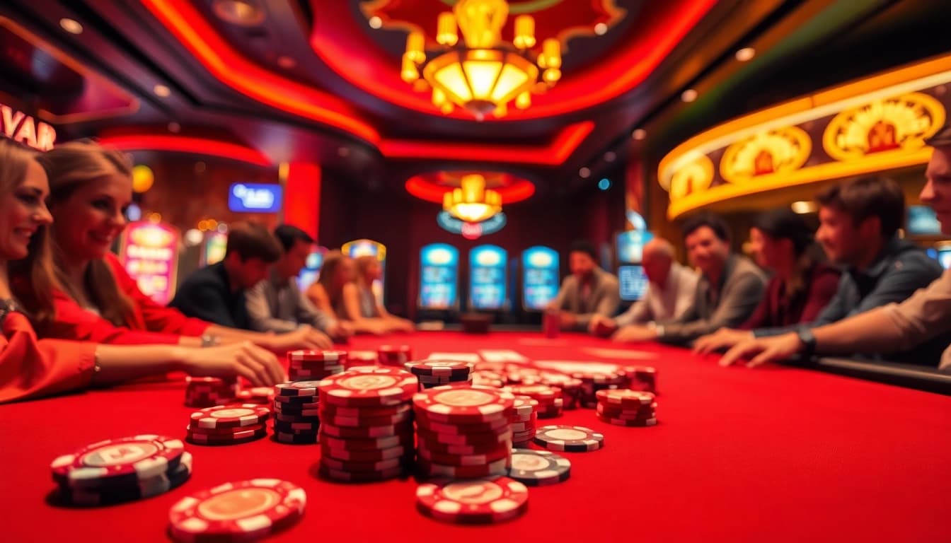 Experience excitement at the gaming table with Diwa777 casino chips and enthusiastic players.