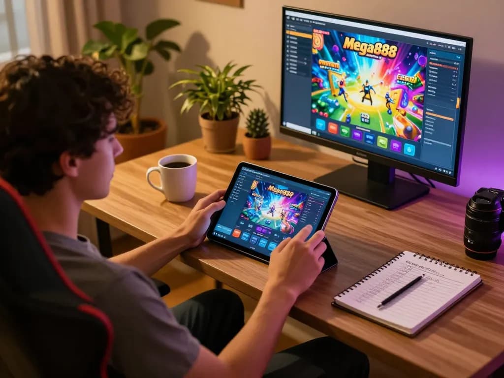Download Mega888 apk from a tablet in an inviting home gaming setup with strategic notes visible.