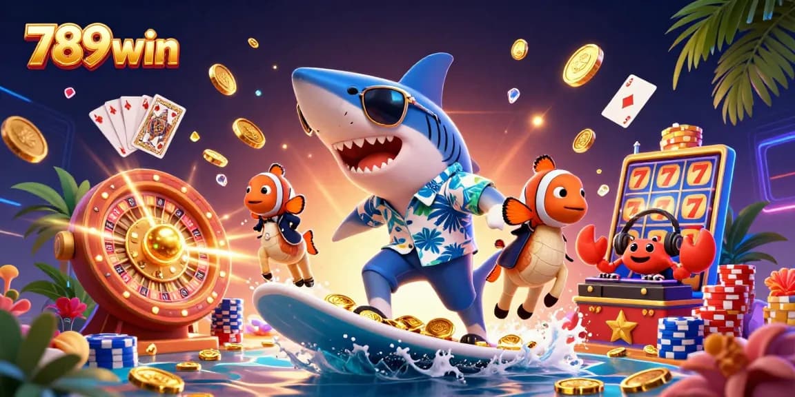Experience the thrill of winning at 789win with 3D characters surfing coins, vibrant gambling elements, and a dynamic casino scene.