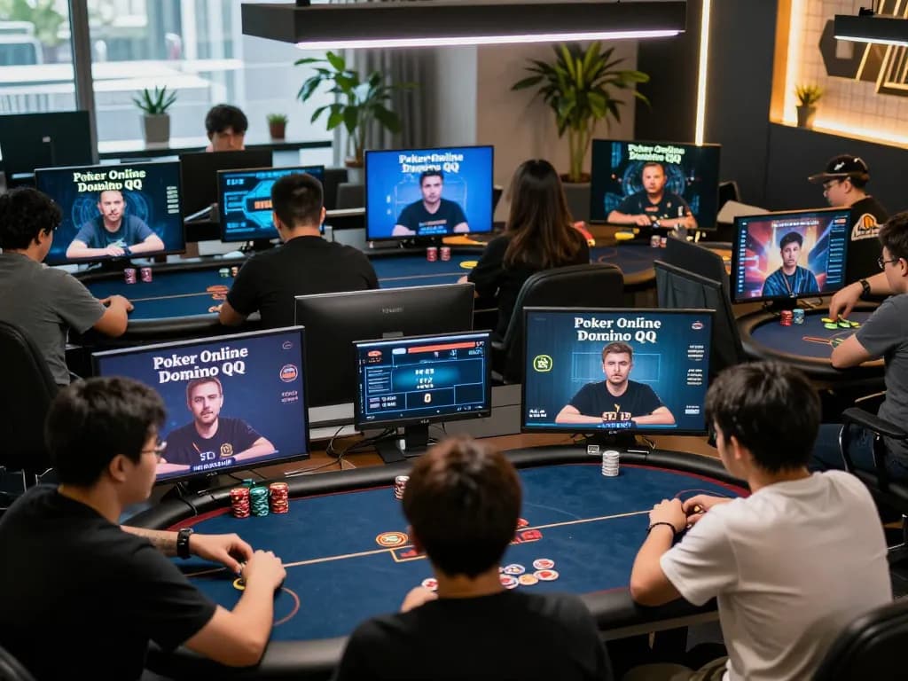 Engaged player strategizing Poker Online Domino QQ with bright screens and focused atmosphere