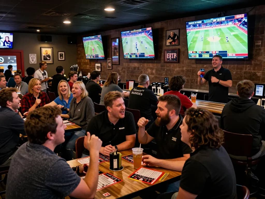 Patrons engaging in live sports betting strategies at a bar, illustrating excitement around nowgoal updates.