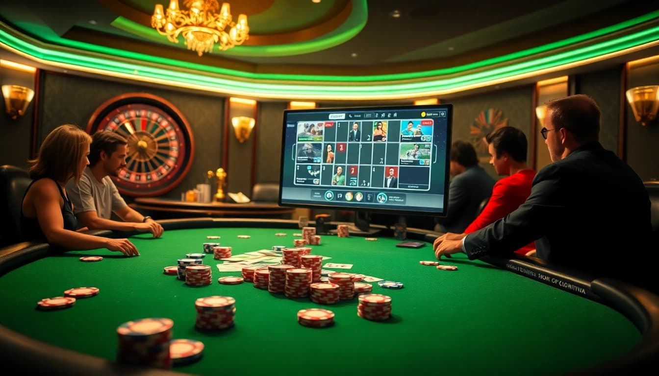 CEMEKU online poker scene featuring an exciting game at a vibrant green felt table with colorful chips.