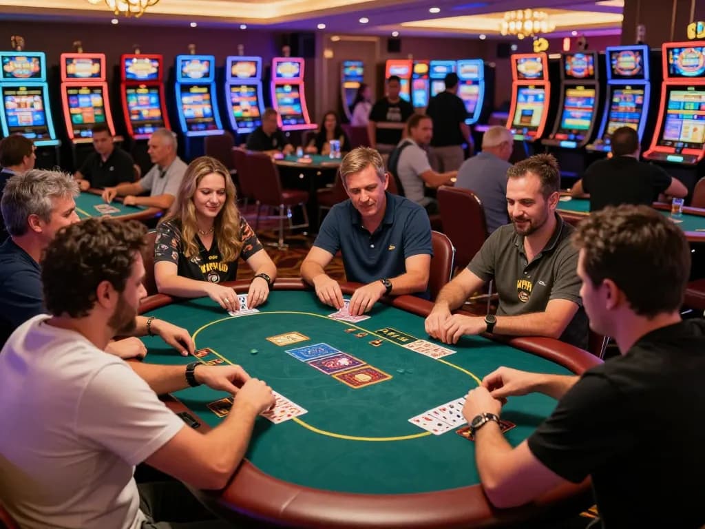 Players strategizing their hands at KP88S Casino's lively poker table with dynamic gameplay atmosphere.
