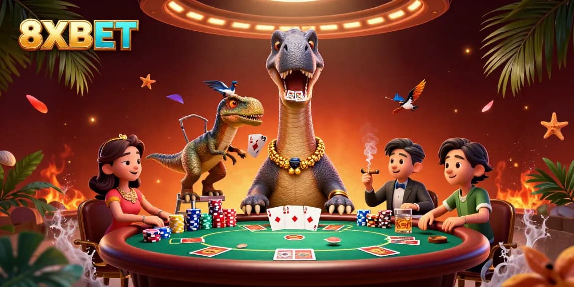 Join the excitement at 8XBET with a brontosaurus poker dealer in a vibrant casino scene.