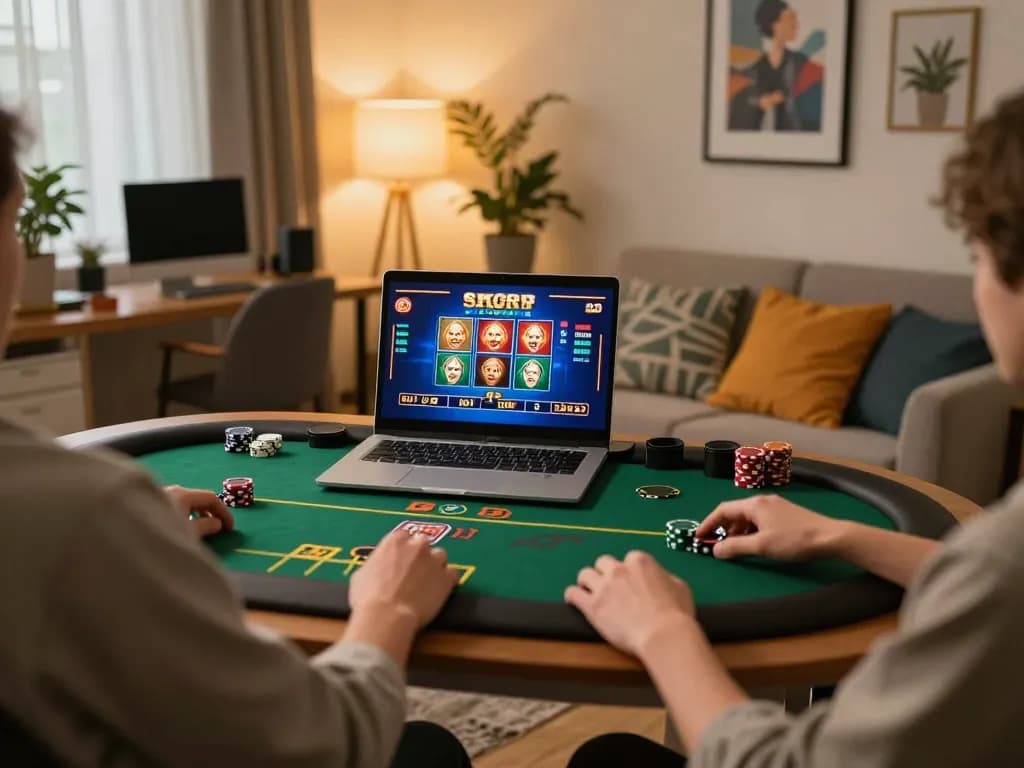 VB88 online gaming scene showing player engaged in live dealer gameplay at home with warm lighting.