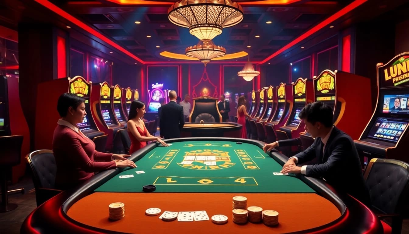 Experience the excitement of Jun88 as players strategize at a luxurious poker table, surrounded by vibrant casino games.