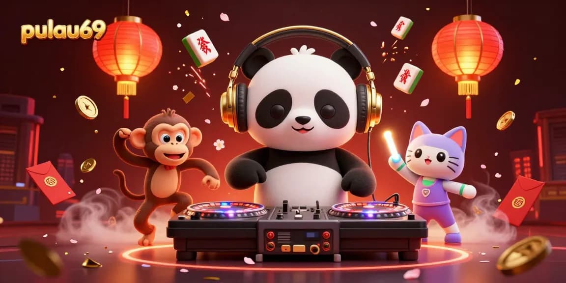 Experience the vibrant energy of pulau69 with a DJ panda spinning roulette wheels amidst a lively casino scene.