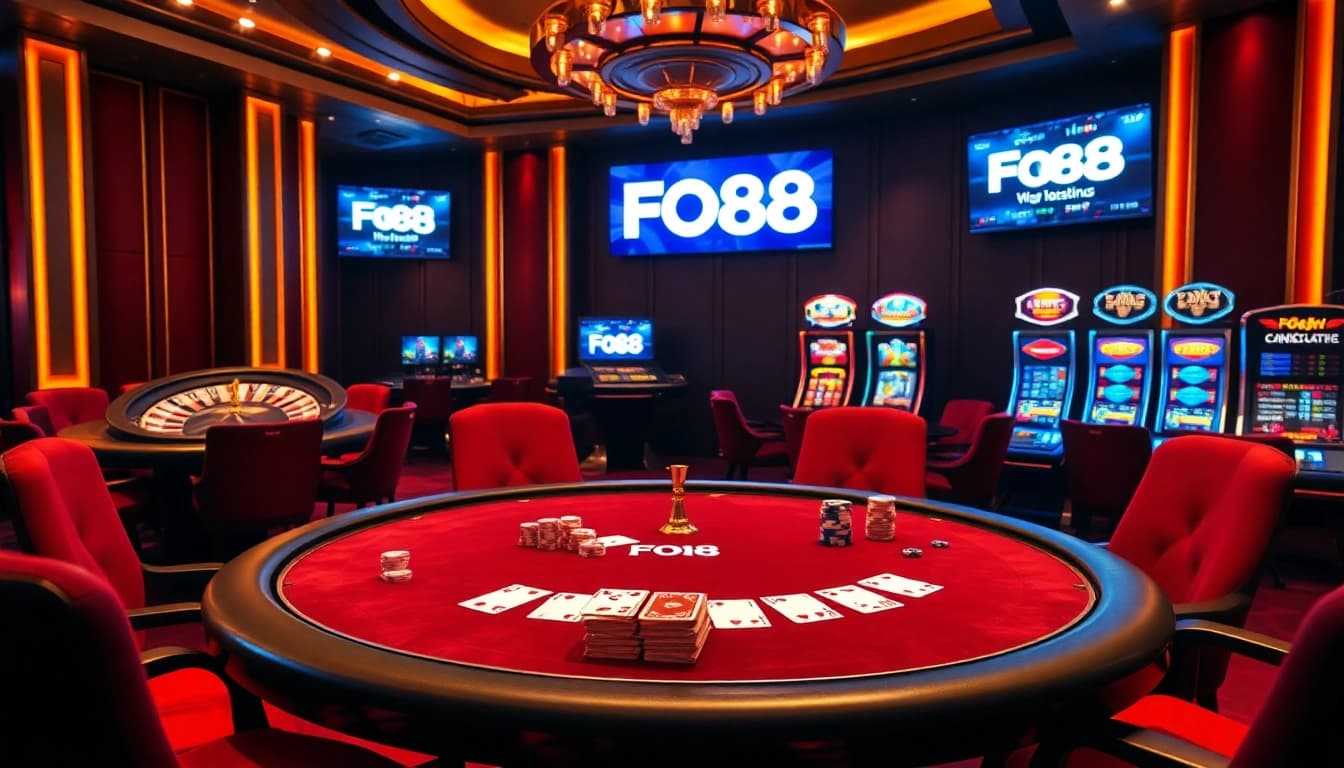 High-stakes poker action at FO88 casino, featuring elegant players, vibrant chips, and stylish decor.